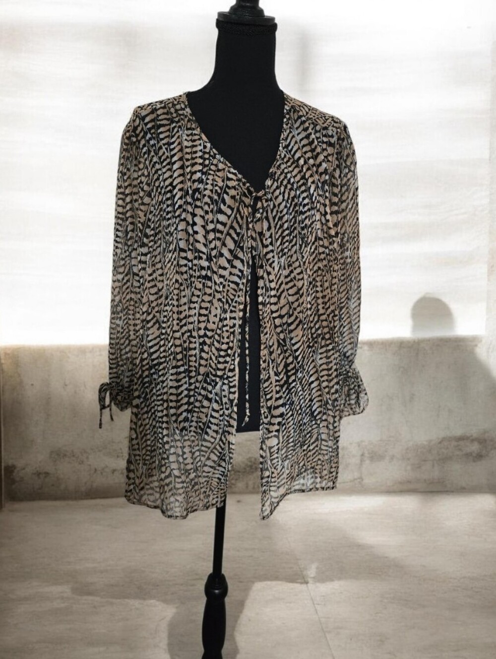 #A110 Jordan Sheer Animal-Print Tie-Front Cartigan  in Black & Cream